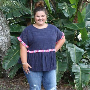 Andree by Unit Navy Eyelet & Neon Tassel Top